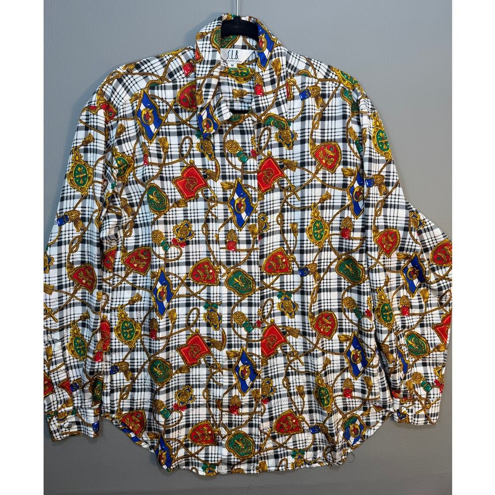 Vintage S.L.B. Sunny Leigh Womens M Baroque Crest Print Blouse Plaid Equestrian